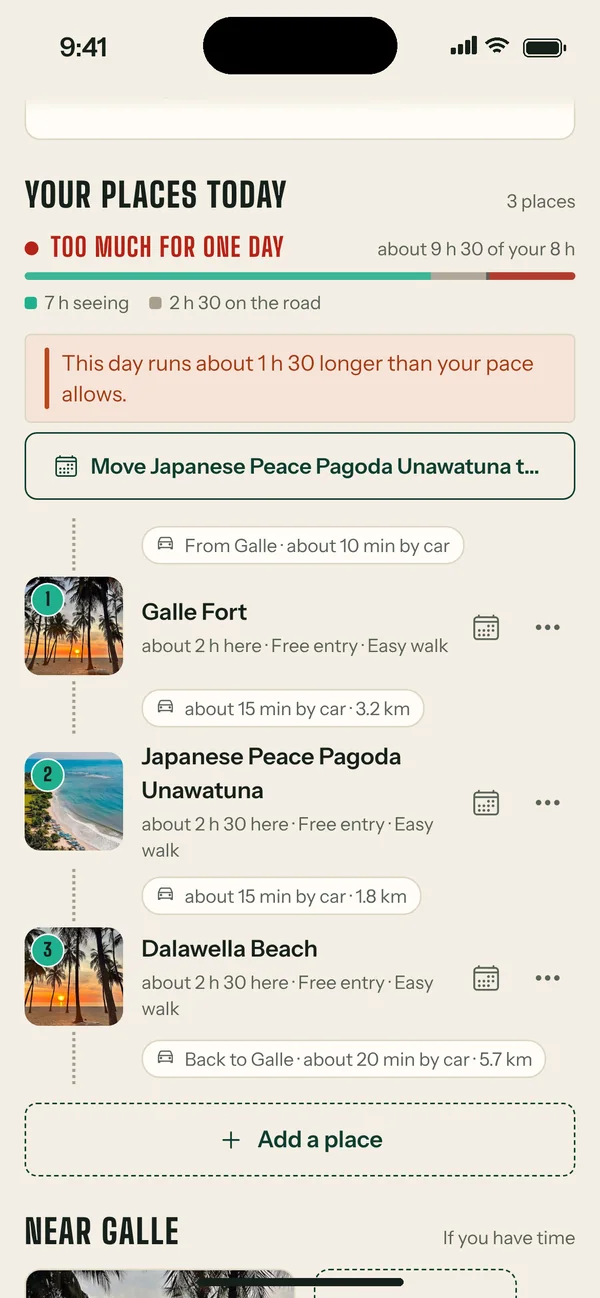 Srilor app: a day marked Too much for one day, with a one-tap fix to move a place to another day