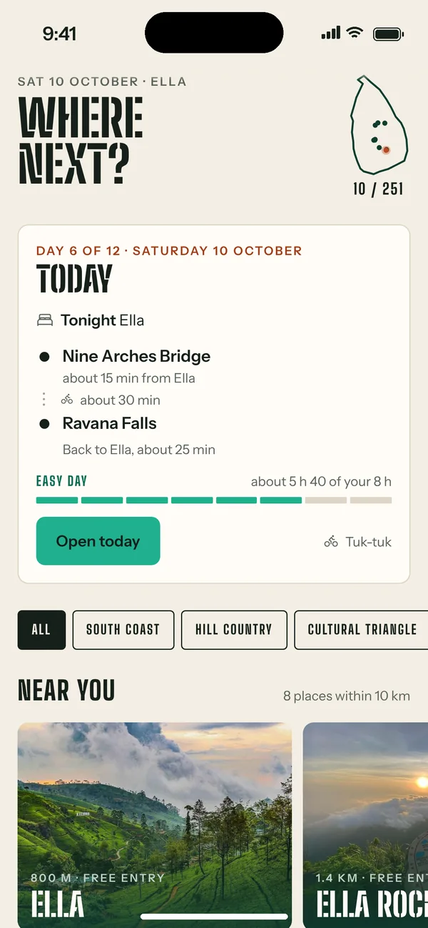 Srilor app home screen: Today, day 6 of 12, tonight in Ella, an Easy day with the places to see