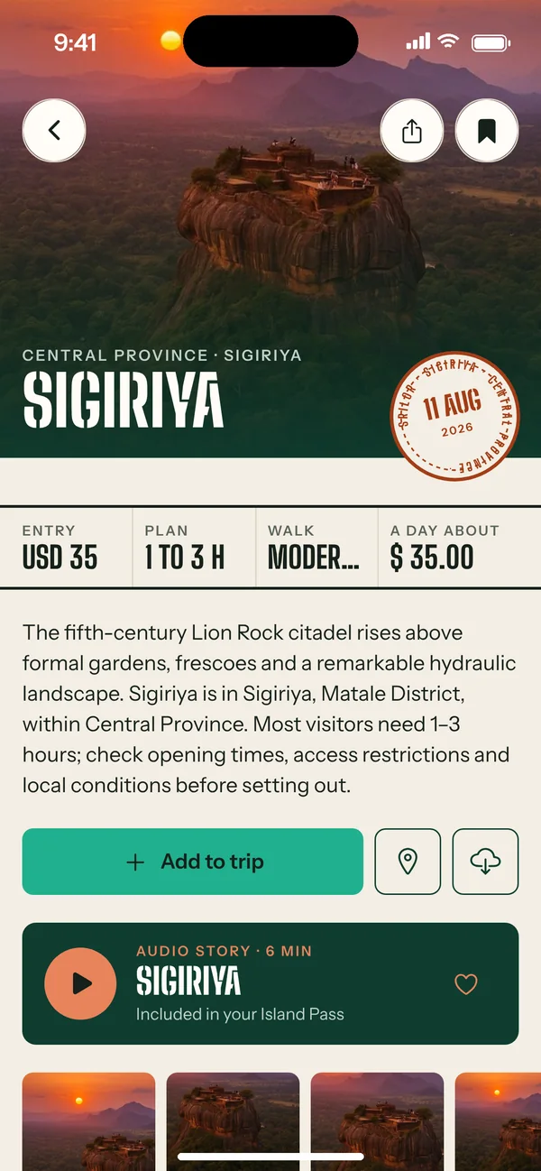 Srilor app: the Sigiriya guide page with its stamp and facts board