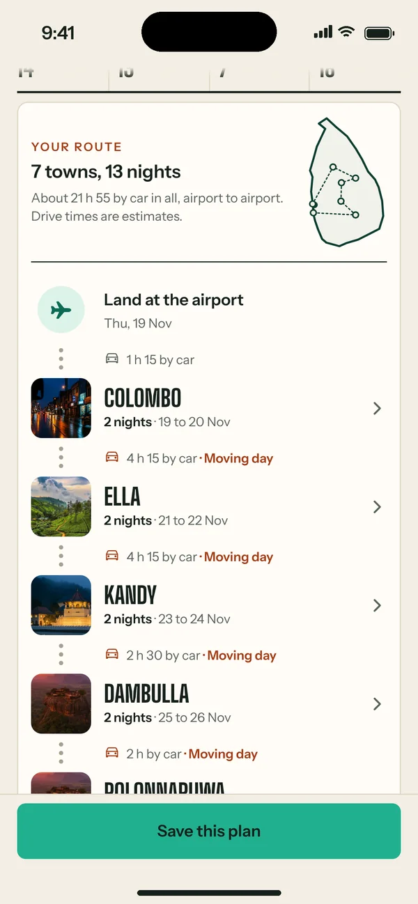 Srilor app: Suggest a plan, seven towns and thirteen nights from the airport and back, with drive times