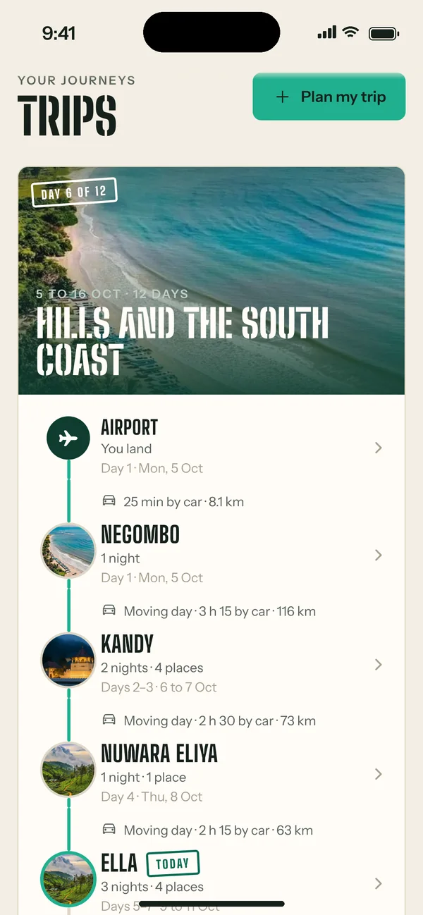 Srilor app trip: a line of towns from the airport to Negombo, Kandy, Nuwara Eliya and Ella, with nights and drive times
