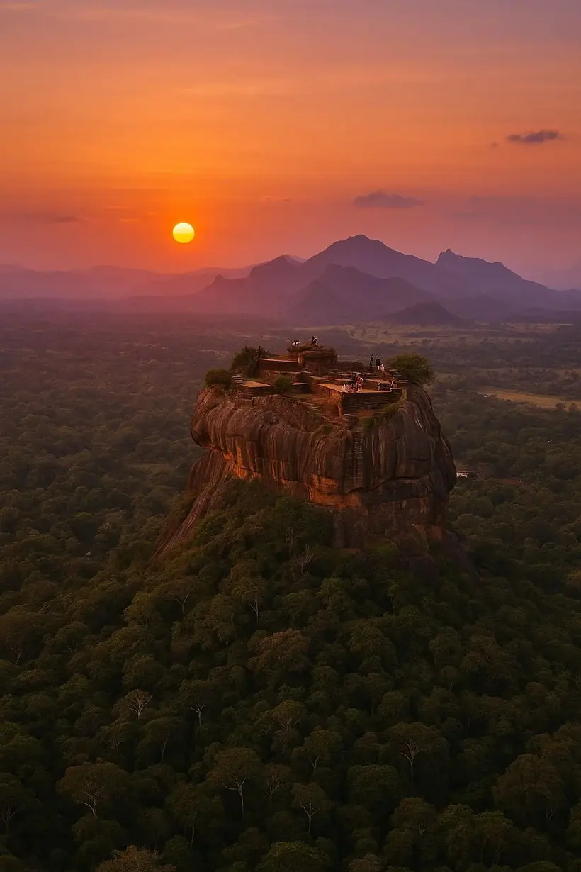 Sigiriya rock at sunrise above the forest