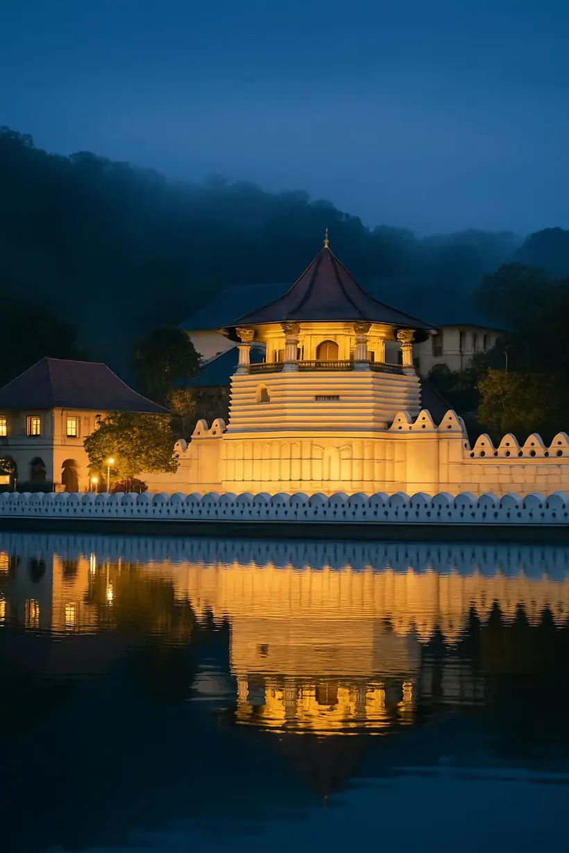 The Temple of the Sacred Tooth Relic in Kandy, lit at dusk